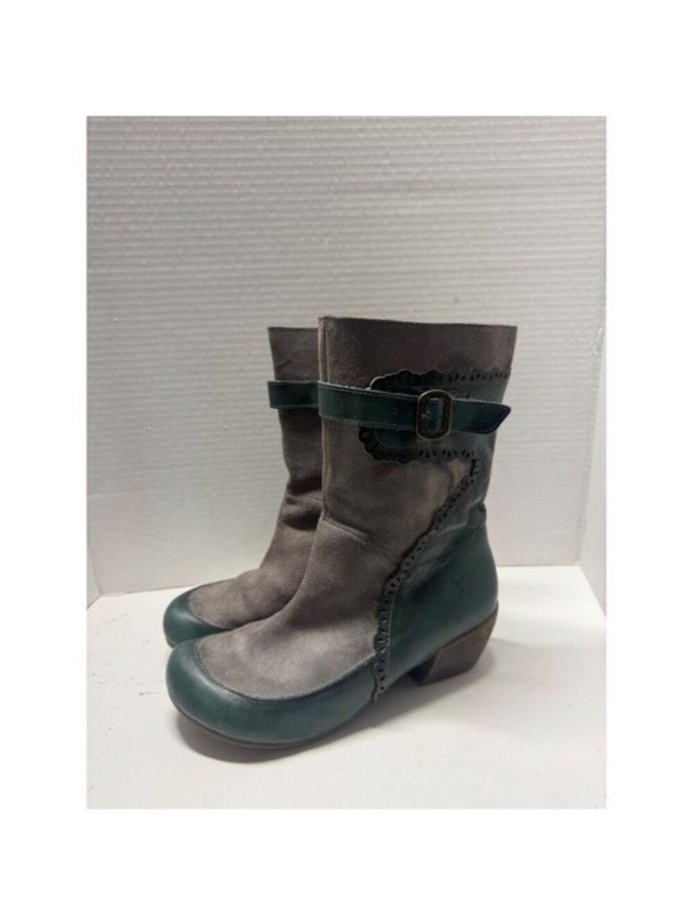 Portofino Womens Green Grey Leather Suede Scalloped Buckle Mid Calf Boots 37 6.5